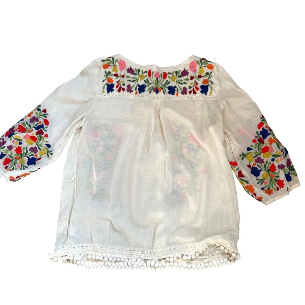 Vanessa Virginia Anthropologie Women's Peasant Blouse Embroidered Pom Pom Boho - Picture 5 of 12